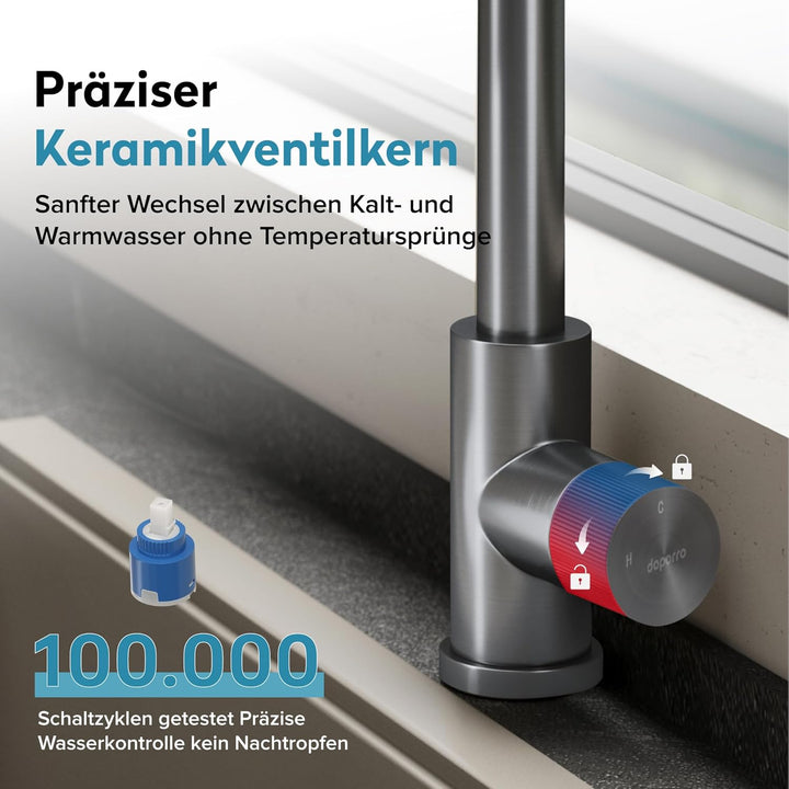 doporro Wasserhahn Küche ausziehbar, Hochdruck Küchenarmatur mit Wasserfall, 3 Strahlarten und Braus