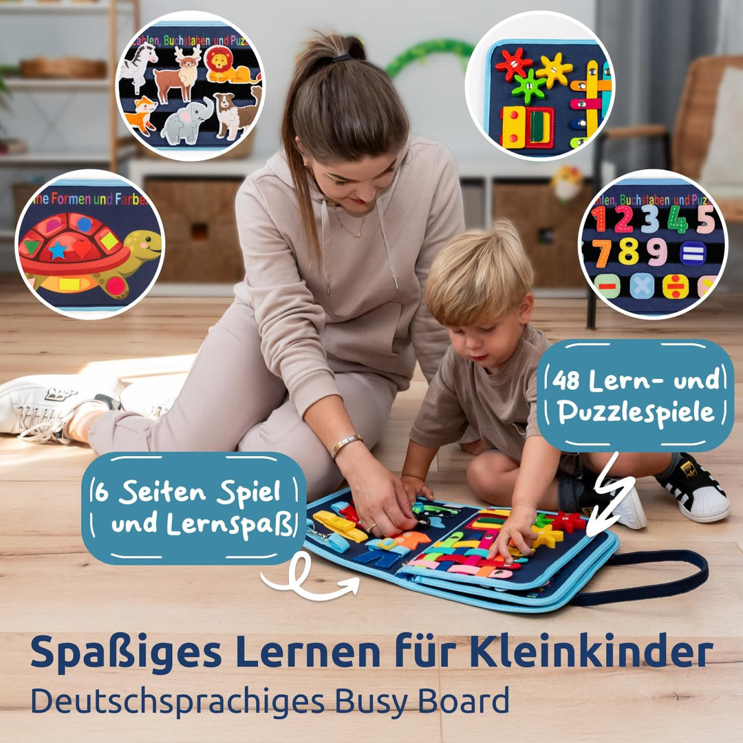 Mallie® Busy Board Deutsch inkl. Gratis Reisetasche & Montessori Buch und Perfekt für Reisen im Auto