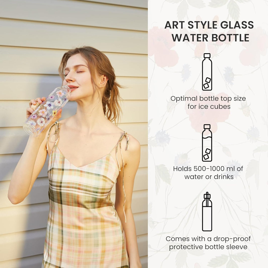 1 liter Glasflasche Trinkflasche Glas Sport Borosilikat Glass Bottle Wasser Flasche mit Neopren-Hüll