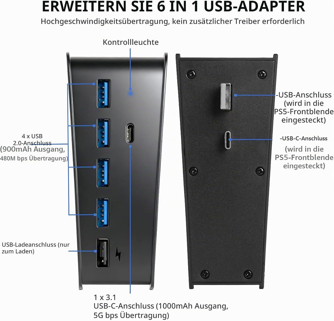 6 Port USB Hub für PS5, High-Speed Expansion Hub Charger Splitter Adapter mit 4 USB + 1 USB Charging