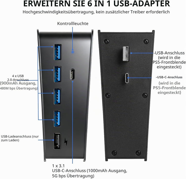 6 Port USB Hub für PS5, High-Speed Expansion Hub Charger Splitter Adapter mit 4 USB + 1 USB Charging