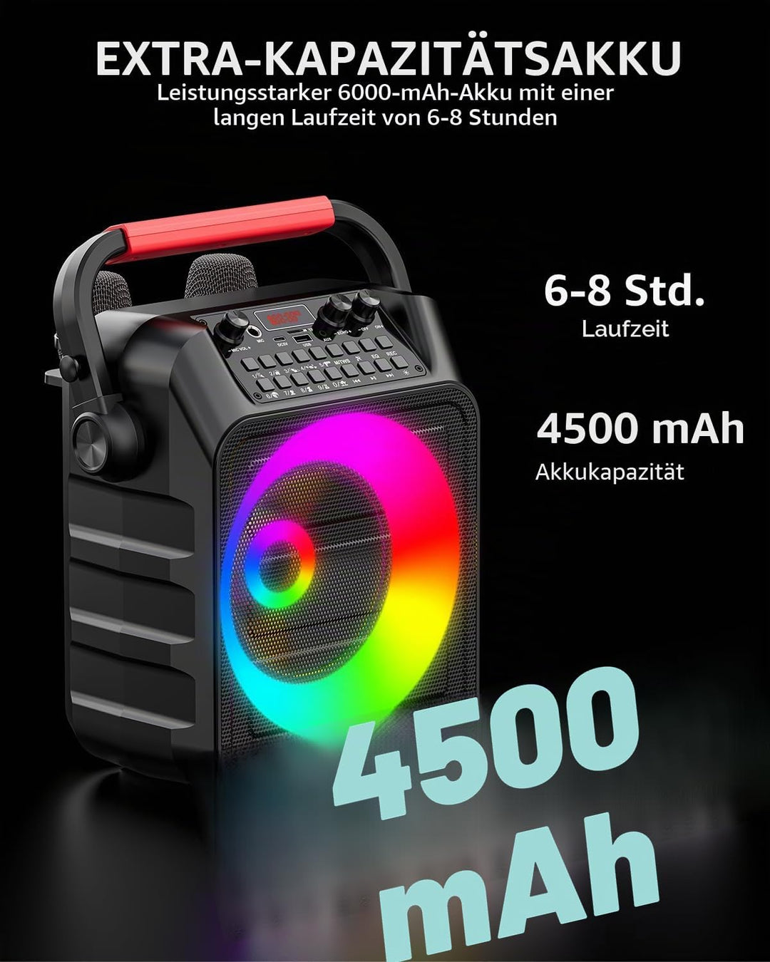Karaoke Maschine mit 2 Mikrofonen, tragbarer Bluetooth Karaoke Anlage mit LED Lichtern,eignet Sich f
