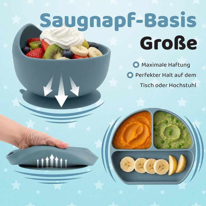 Baby Silikon Geschirr Set, Kindergeschirr Set mit BabyTeller mit Saugnapf, Geschirrset Baby für Beik