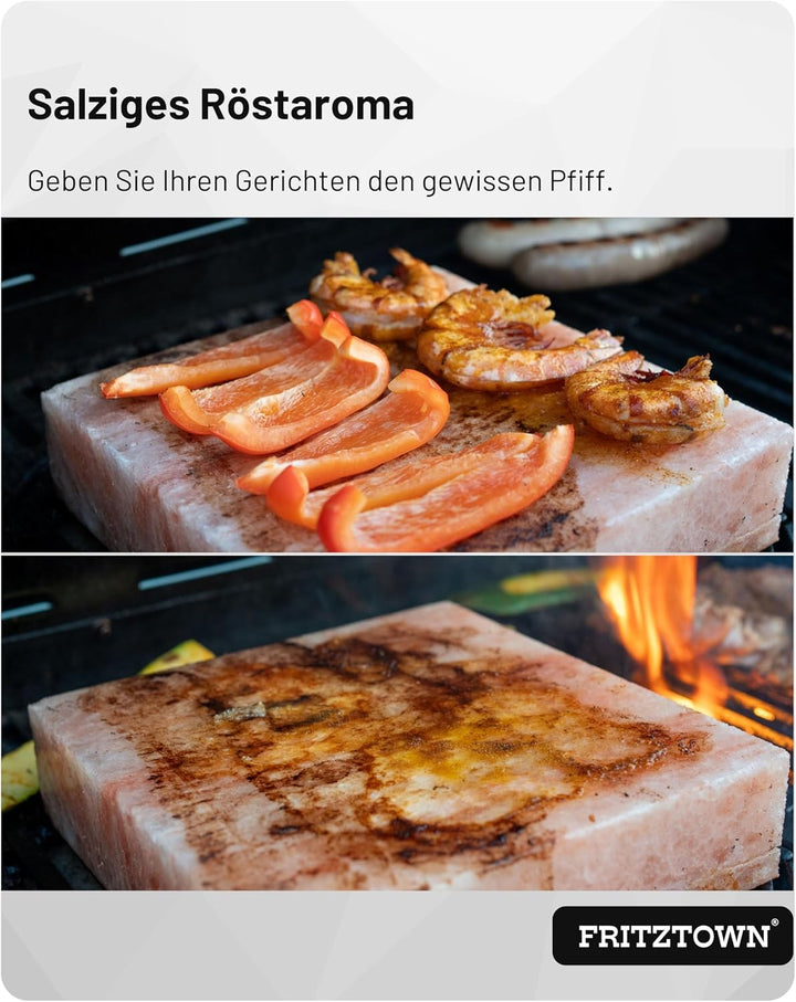 FRITZTOWN® Deluxe XL Grill Salzstein - 20x20x5 cm - 4,4 kg - Extra Stark - Feiner Geschmack durch Kr