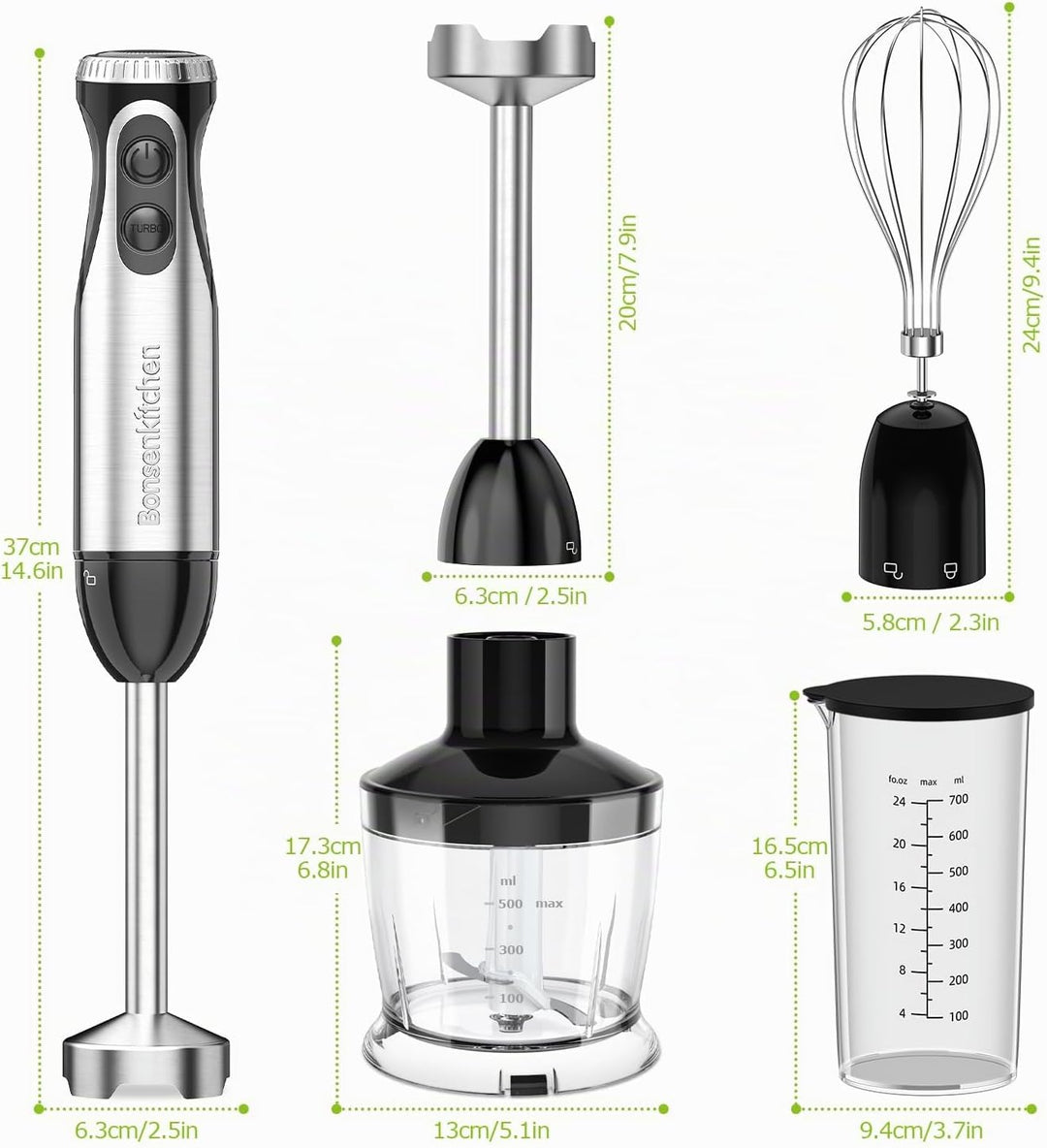 Bonsenkitchen Stabmixer 4-in-1, 1000W Elektrischer Pürierstab mit stufenloser Geschwindigkeitsregelu