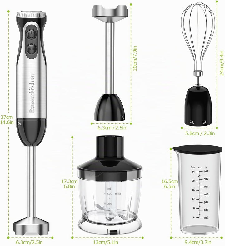 Bonsenkitchen Stabmixer 4-in-1, 1000W Elektrischer Pürierstab mit stufenloser Geschwindigkeitsregelu