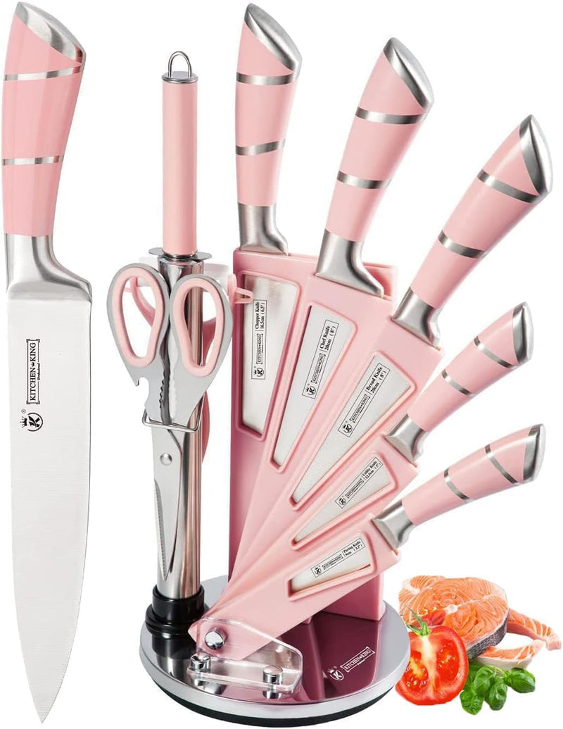 9-tlg Messerset mit Drehbare Acryl Messerblock, Rosa Sharp Antihaft Beschichtete Kochmesser Block Se