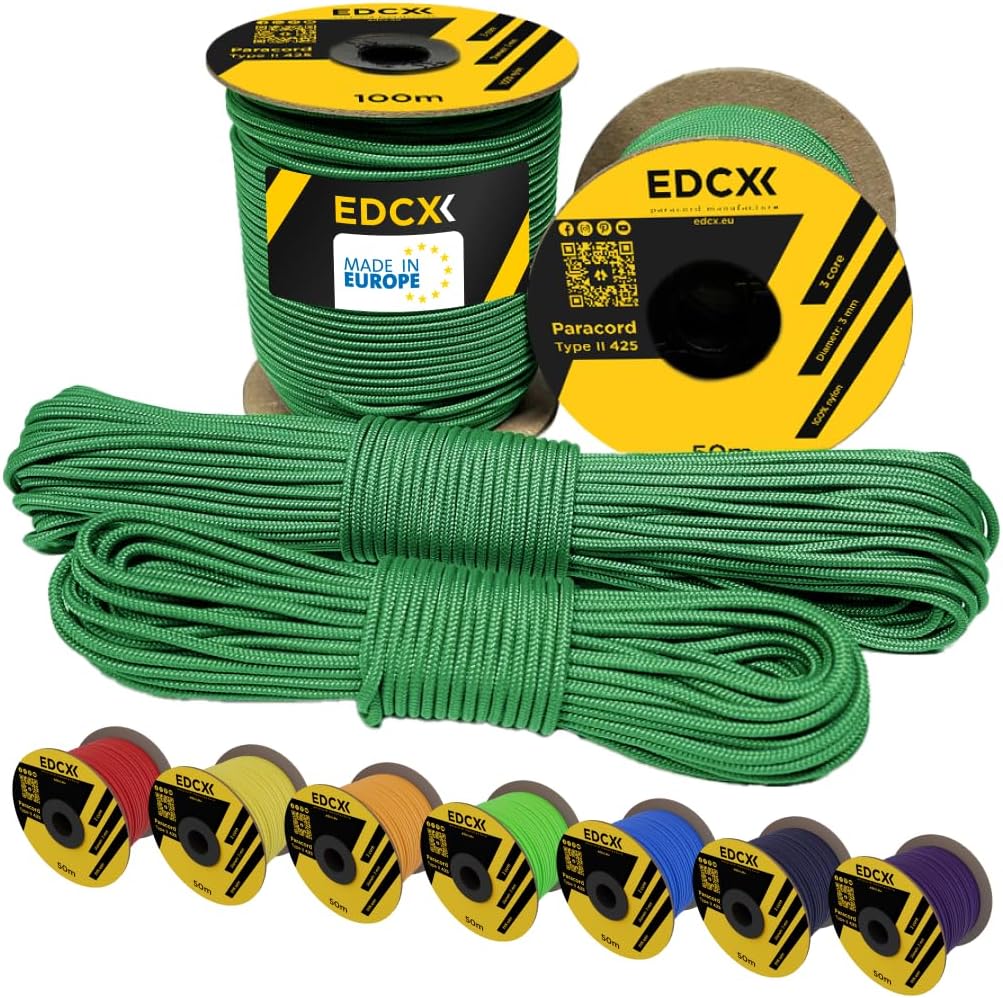 EdcX 3mm Nylon Paracord 425 (15, 30, 50 und 100m) - Typ II, 100% Nylonseil, 3 Litzen Seil, 3mm Nylon