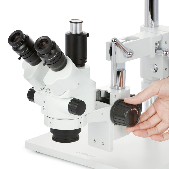 AmScope SM-4NTP-FRL Simul-Fokales Stereo Zoom Mikroskop auf Doppelarm-Auslegerständer mit Fluoreszie