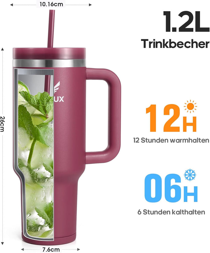 Gedux Trinkflasche mit Strohhalm 1.2L - Thermobecher mit Henkel auslaufsicher - Doppelwandige Vakuum