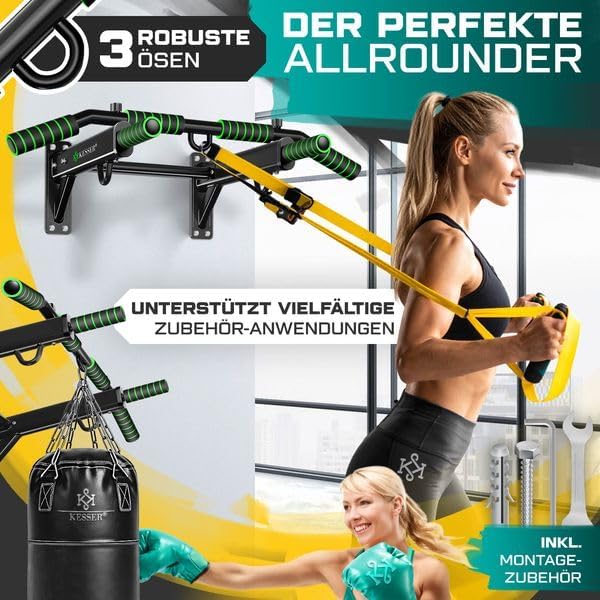 KESSER® 4in1 Klimmzugstange zur Wandmontage rutschfesten Griffen zusätzliche Funktion für Seile Ring