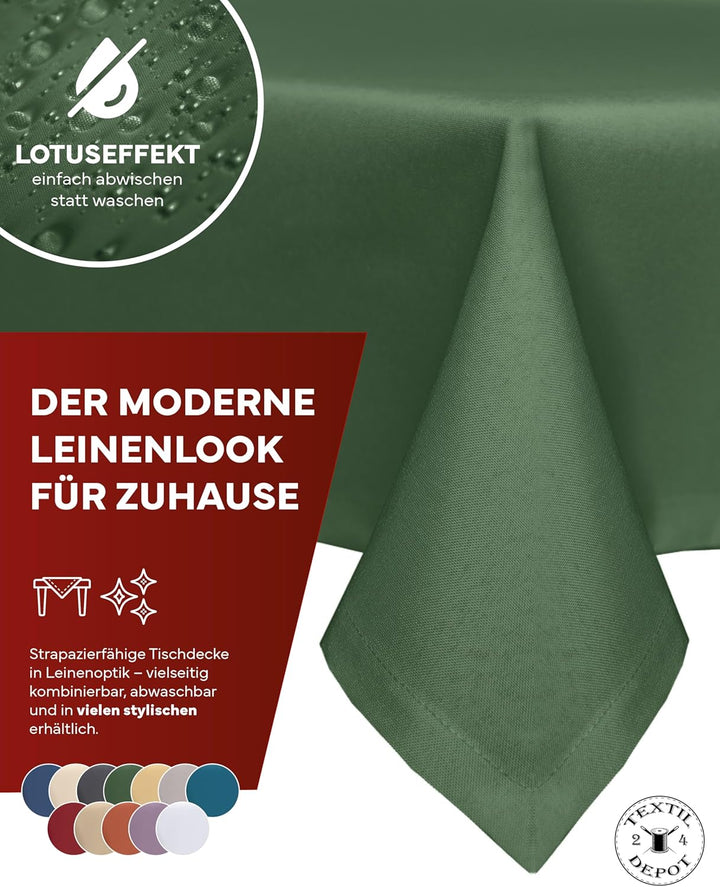 texpot Gartentischdecke 130 x 300 cm in Dunkelgrün mit Leinen Optik Lotuseffekt Fleckschutz Bügelfre