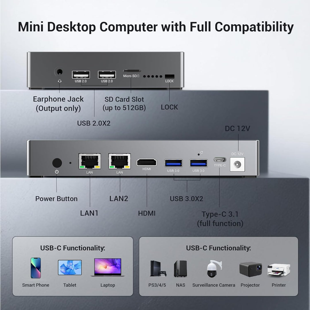 Mini PC Win 11 Pro, 12 Gen N100 (3,4 GHz), 7 Zoll Bildschirm 8GB RAM 128GB eMMC mit Akku, USB-C Mini