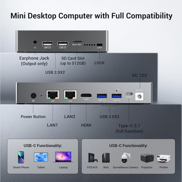 Mini PC Win 11 Pro, 12 Gen N100 (3,4 GHz), 7 Zoll Bildschirm 8GB RAM 128GB eMMC mit Akku, USB-C Mini