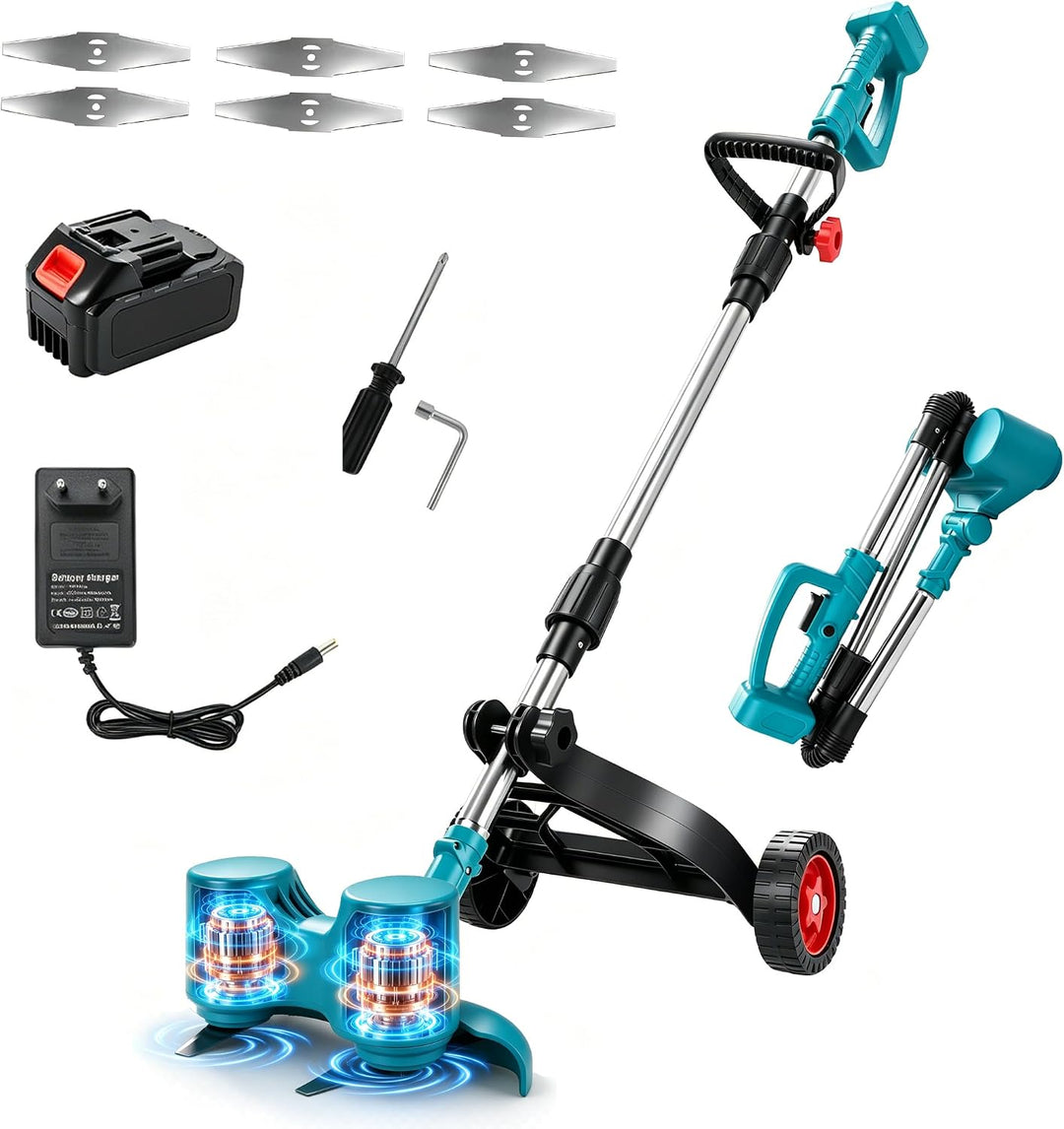 Akku-Rasentrimmer mit 3000mAh Akku, Doppelkopf-Rotationsrasenmäher | 20000 U/min, 6x Klingen, Stützr