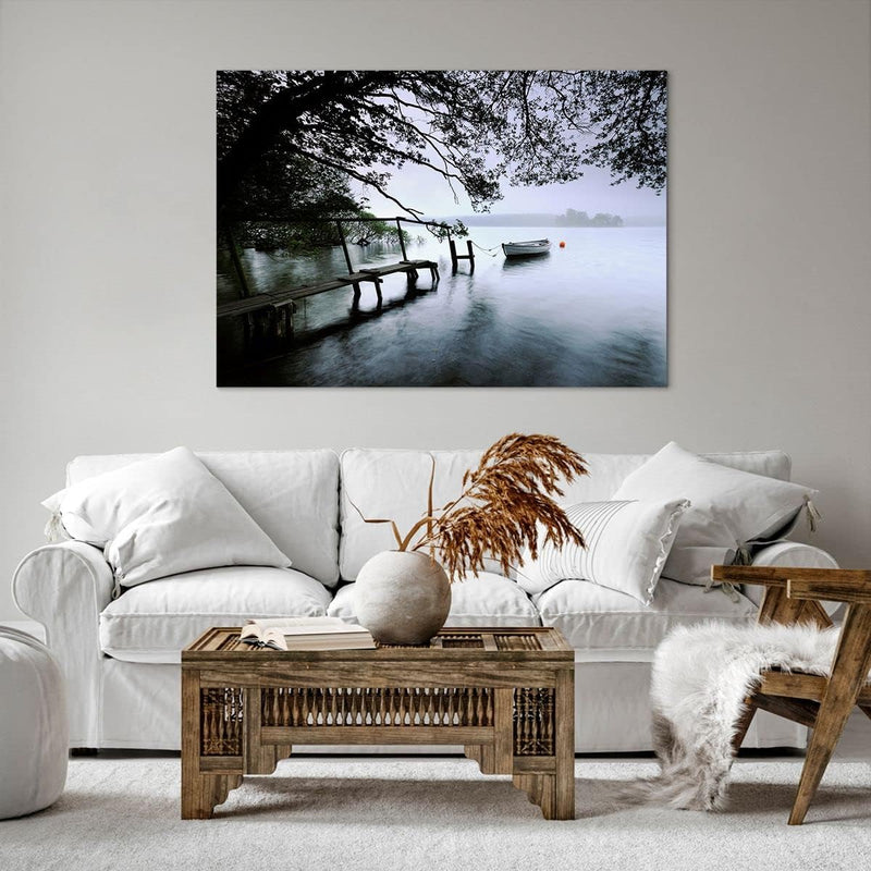 Bilder auf Leinwand 100x70cm Leinwandbild mit Rahmen See Dock Boot Bäume Gross Wanddeko Bild Schlafz