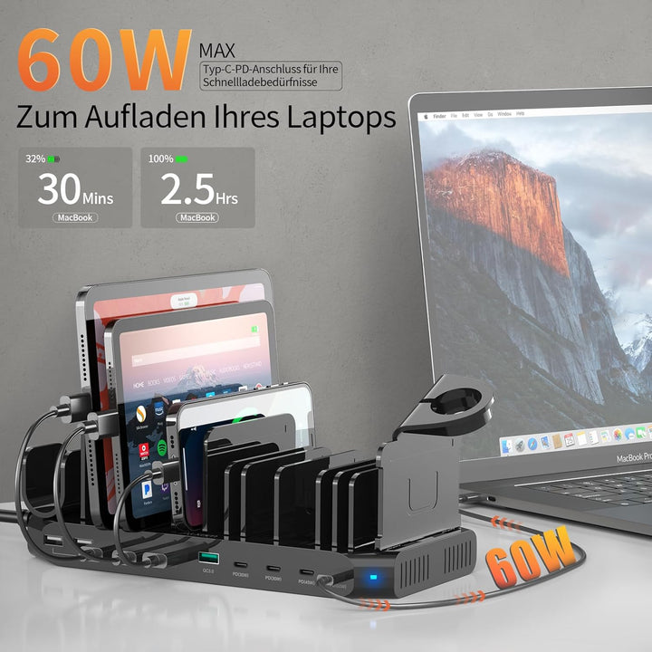 Alxum 140W USB Ladestation Schnellladestation mit QC 3.0 & PD 60W+45W+30W, Ladestation Mehrere Gerät