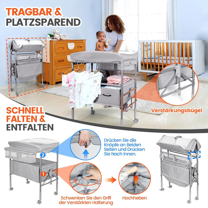 Orzbow Tragbarkeit Baby Wickelkommode mit Schubladen und Nachtlicht, Höhenverstellbare Mobiler Baby