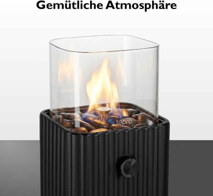 tepro Tisch-Gasfeuerstelle quadratisch mit Glasaufsatz, inkl. Dekosteine, Edelstahl-Brenner, kompakt
