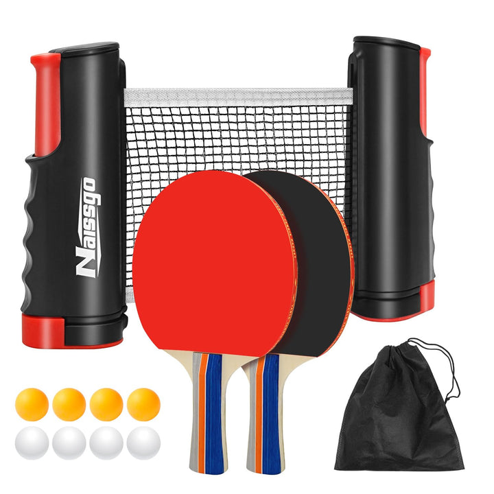 Tischtennis-Set,Tischtennisschläger Profi, 2 Tischtennisschläger, 1 Einziehbarem Netz,8Tischtennis-B
