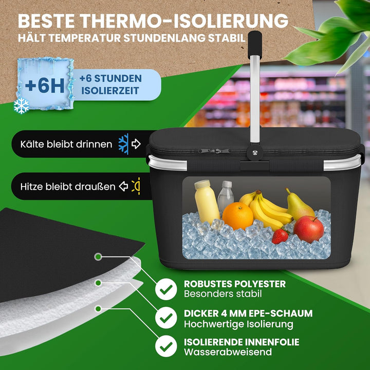 COTTARA Thermo Einkaufskorb mit Deckel – Korb Kühltasche mit Deckel, Silber Schwarz Silber, Schwarz