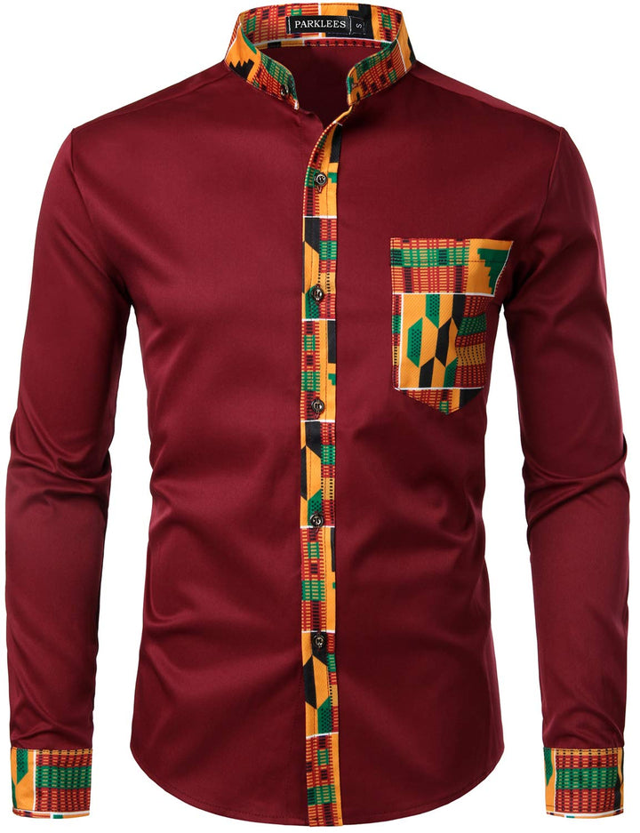 PARKLEES Herren African Tribal Grafik Patchwork Design Slim Fit Langarm Freizeithemd Party Shirt für
