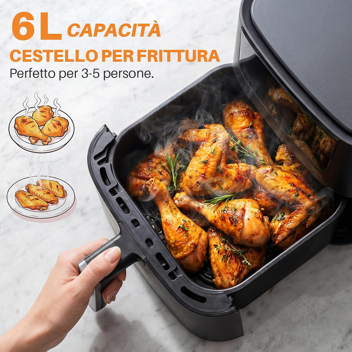 OKYUK Heissluftfritteuse 6L Airfryer mit Sichtfenster - 1200W Friteuse ohne Öl mit Heissluftfriteuse