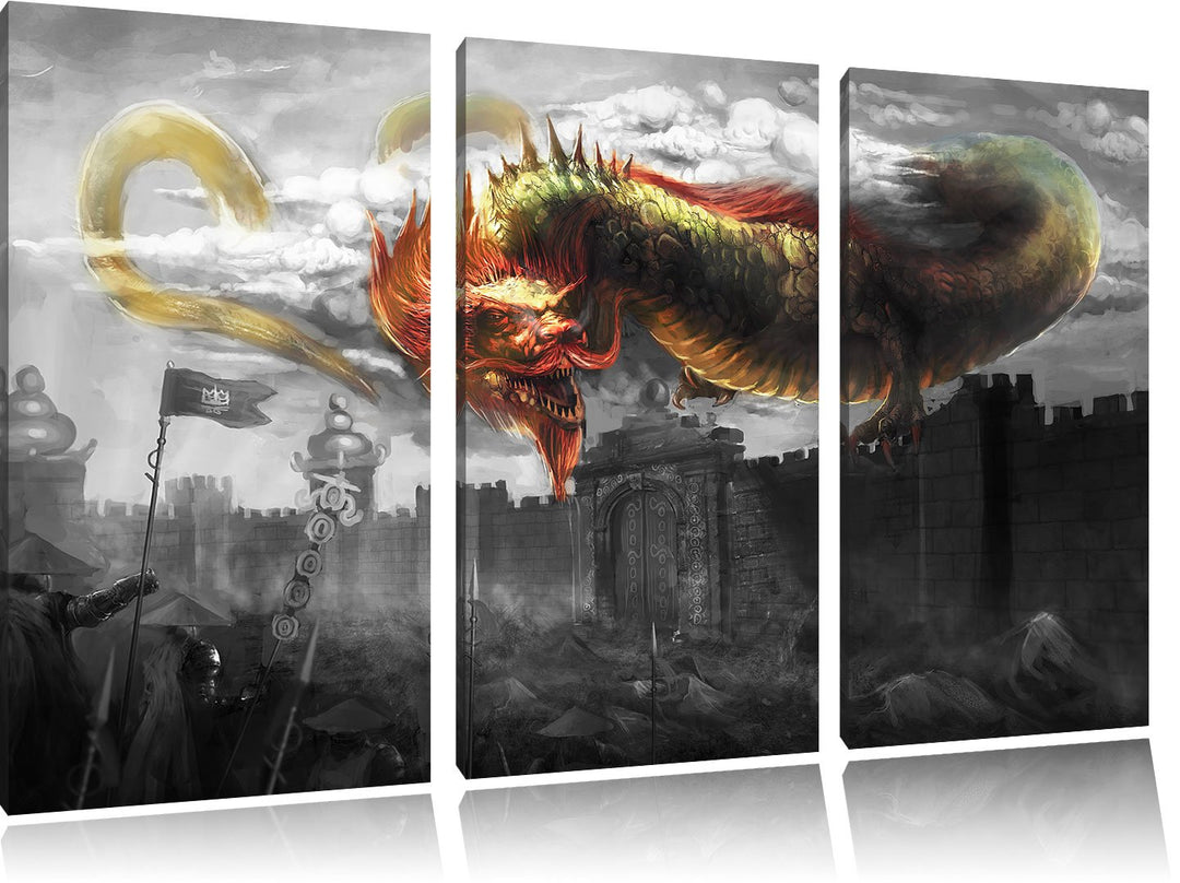 Pixxprint Drache über der Festung als Leinwandbild/Grösse: 3 Teilig (120x80 cm) cm/Wandbild/Kunstdru