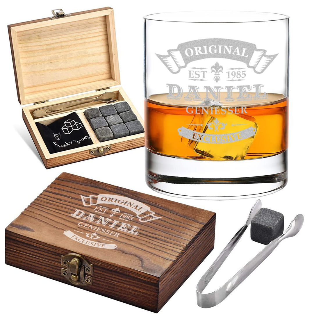 5-TLG Whisky Kühlsteine Set - Holzkiste und Whisky Tumbler mit Wunschgravur - 9x Kühlsteine, 1x Zang