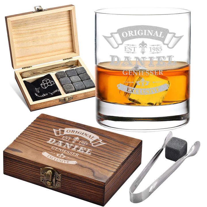 5-TLG Whisky Kühlsteine Set - Holzkiste und Whisky Tumbler mit Wunschgravur - 9x Kühlsteine, 1x Zang