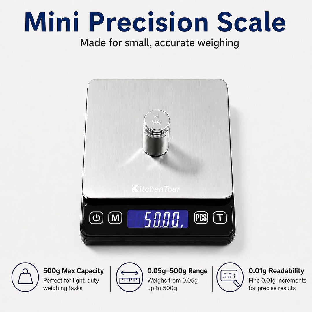 KitchenTour Digitale Küchenwaage - 500g/0,01g Präzisionswaage mit hintergrundbeleuchtetem LCD-Displa