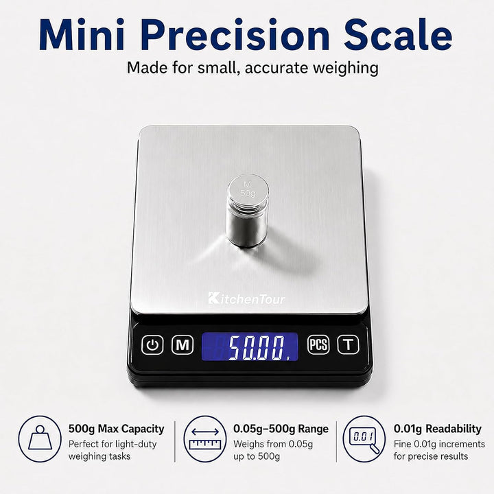 KitchenTour Digitale Küchenwaage - 500g/0,01g Präzisionswaage mit hintergrundbeleuchtetem LCD-Displa