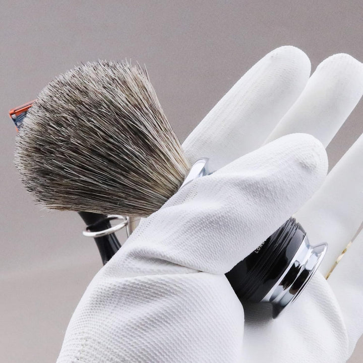 Pur Schwarz Dachs Rasier bürste, Rasierer mit Schwarzer Griff & Edelstahl Ständer mit Crome Finish.