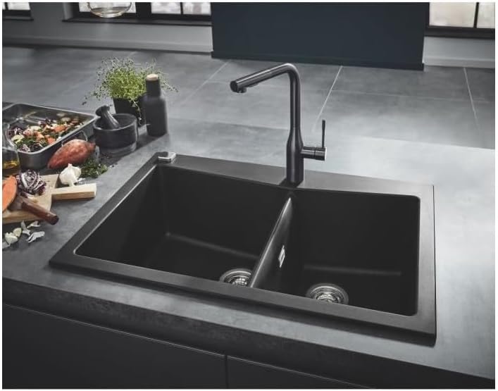 Grohe 31657AP0 K700 Kompositspüle, granit schwarz 83,8 x 55,9 cm, Kompositspüle 2 Becken