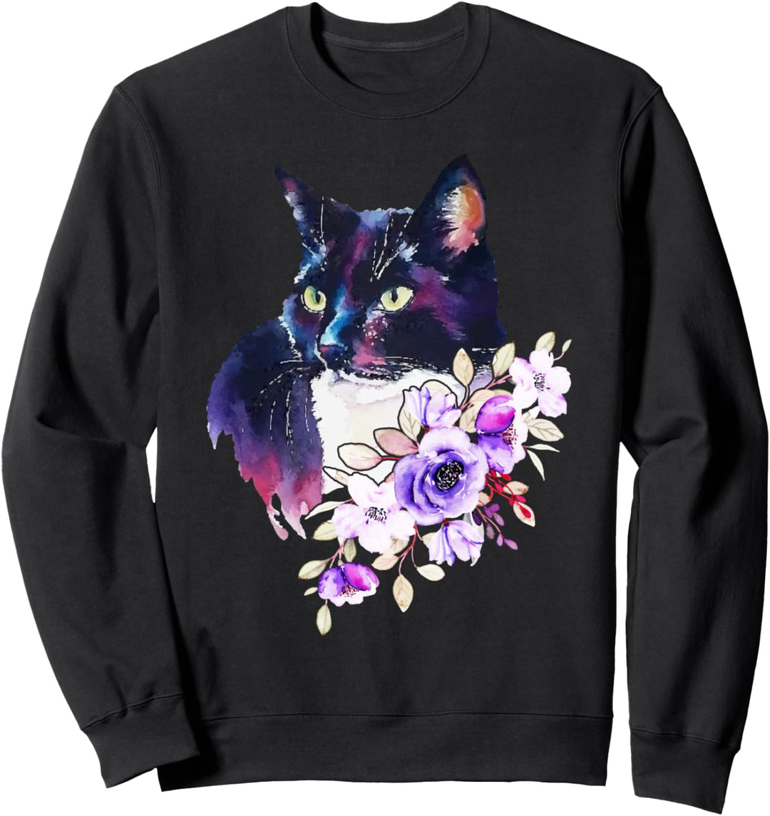 Katze mit Blumen, Aquarell-Look Sweatshirt