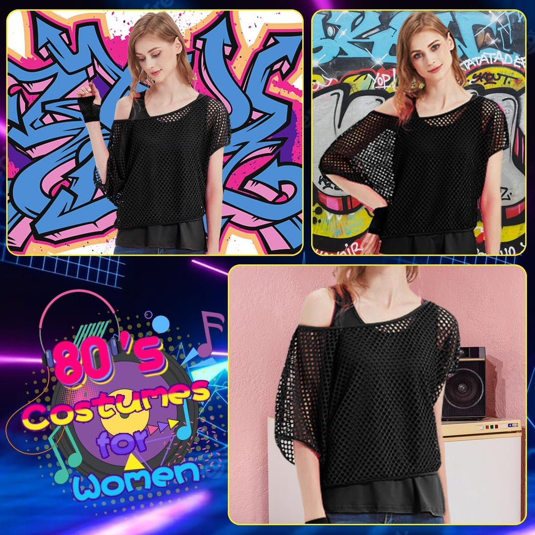 WILDPARTY 80er 90er Jahre Outfit Damen, Netzshirt, Tank top, Beinwärmer, Netzhandschuhe, Kostüm 80er