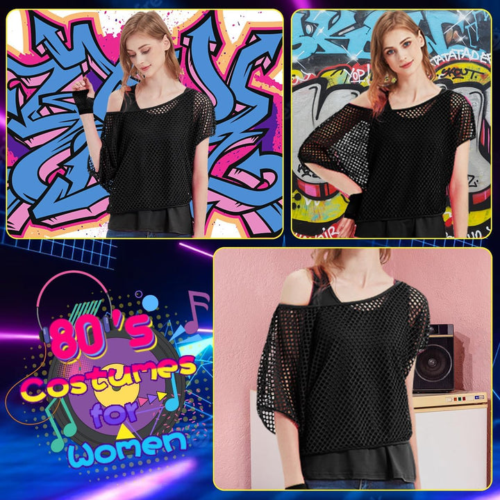 WILDPARTY 80er 90er Jahre Outfit Damen, Netzshirt, Tank top, Beinwärmer, Netzhandschuhe, Kostüm 80er