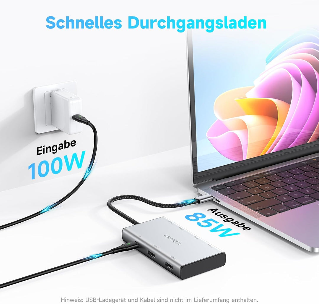 RSHTECH 7-in-1 Dockingstation Laptop 2 Monitore 4k@60Hz - USB C Docking Station Dual HDMI - 100W PD,