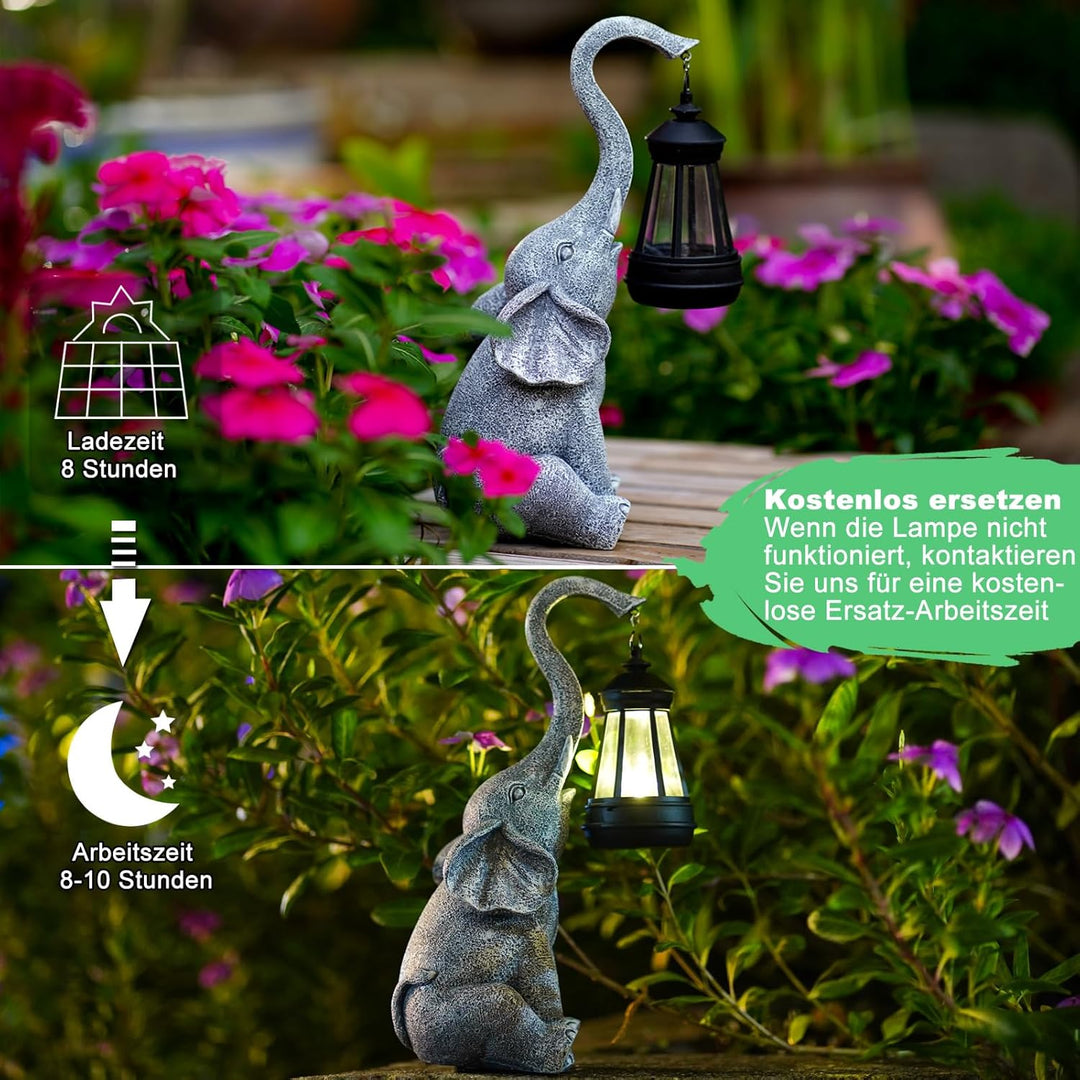 Elefanten Deko mit Solar Laterne Gartenfiguren - für Aussen Gartendeko mit Wetterfest LED Solarlampe