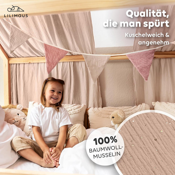 Hausbett Himmel mit Gold Applikation [in 12 Farben] Betthimmel Hausbett aus 100% Baumwolle Musselin