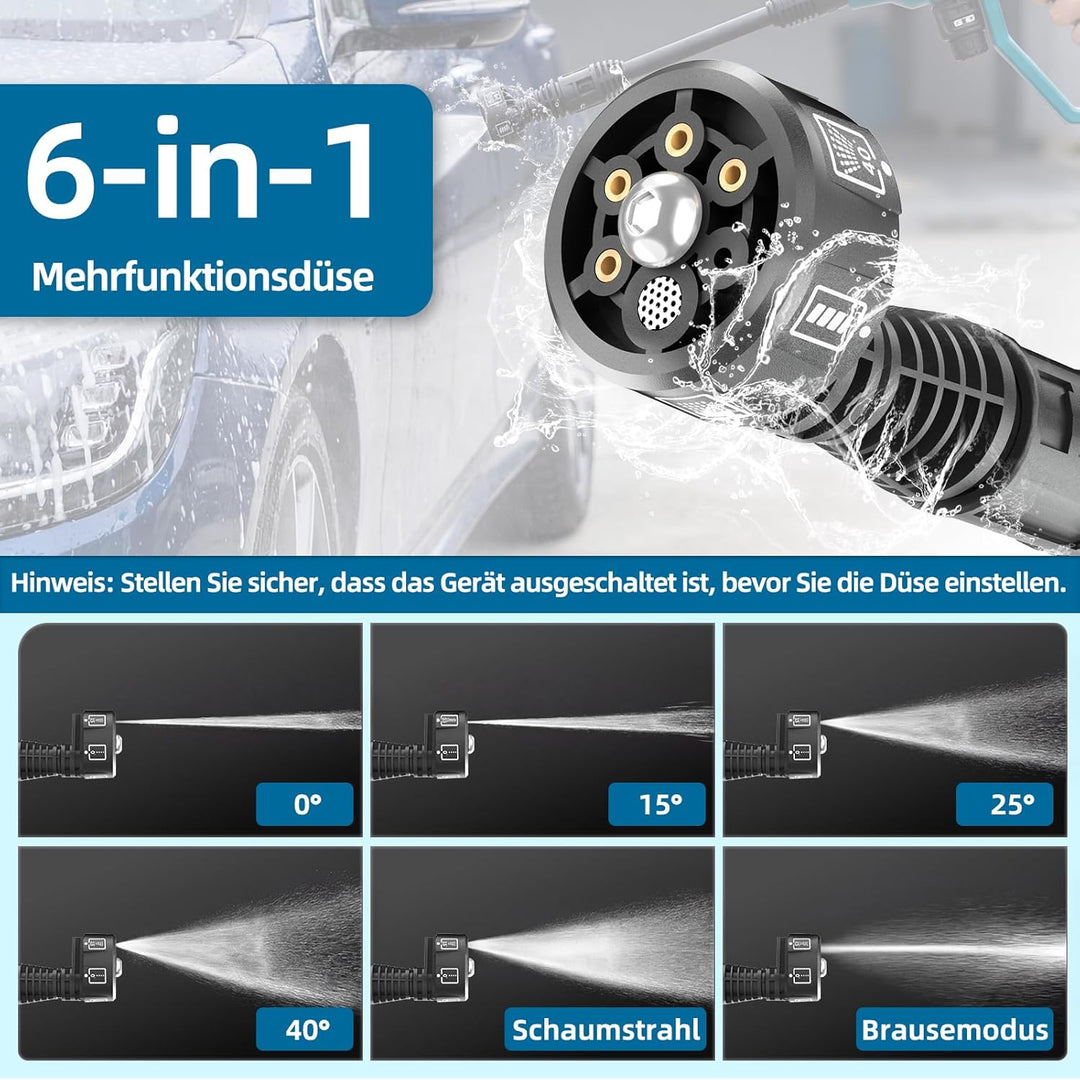 Akku Hochdruckreiniger, Pressure Washer 4-Gang-Modus Max 150Bar, Hydro Blast, Multifunktionale Mobil