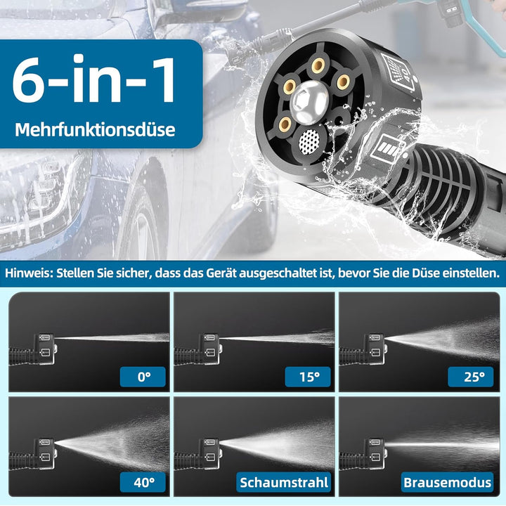 Akku Hochdruckreiniger, Pressure Washer 4-Gang-Modus Max 150Bar, Hydro Blast, Multifunktionale Mobil
