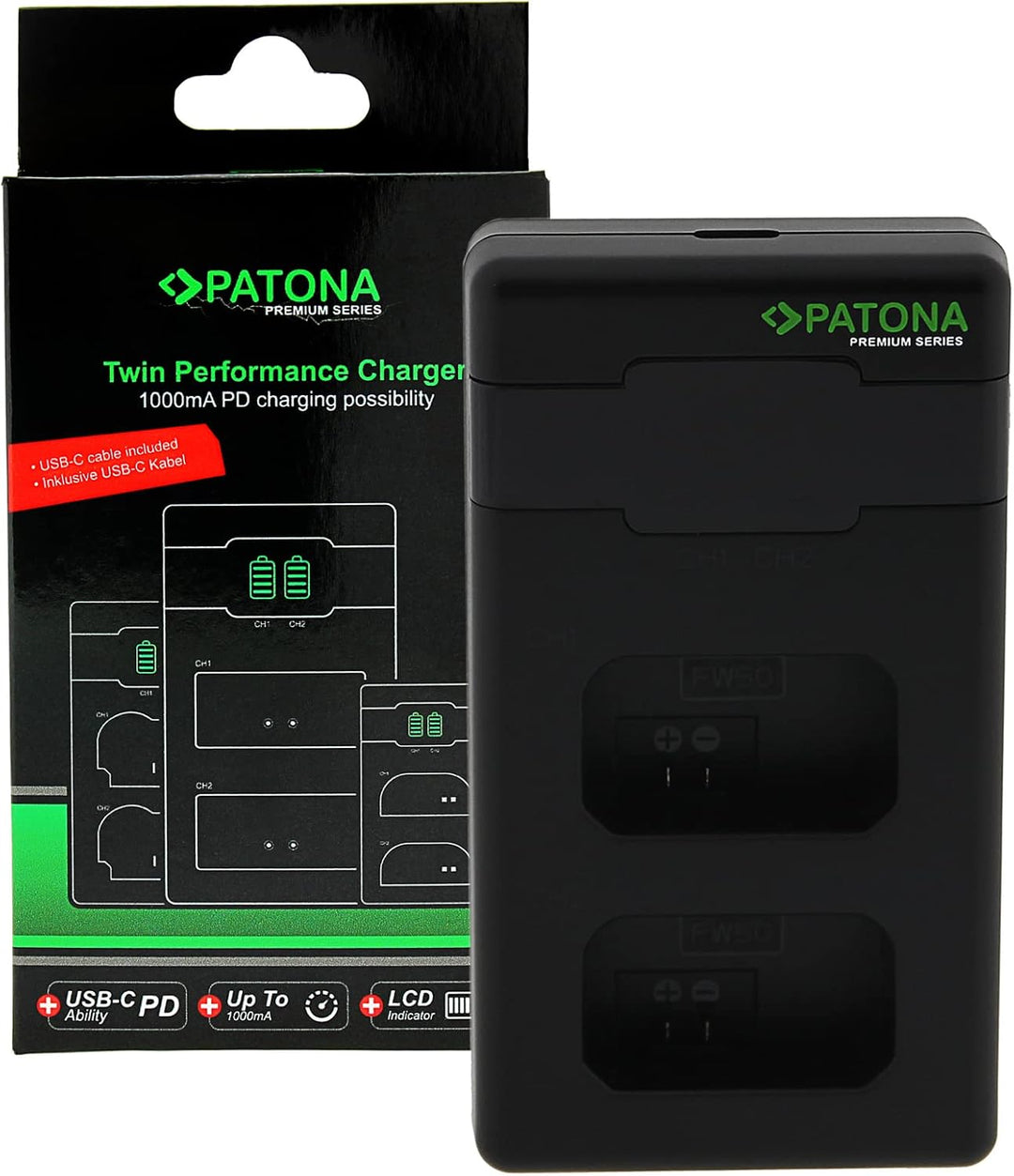 PATONA NP-FW50 - PD Performance Akku Ladegerät (1000mA) USB-C Mini Dual LCD - PD/QC fähig (161964),