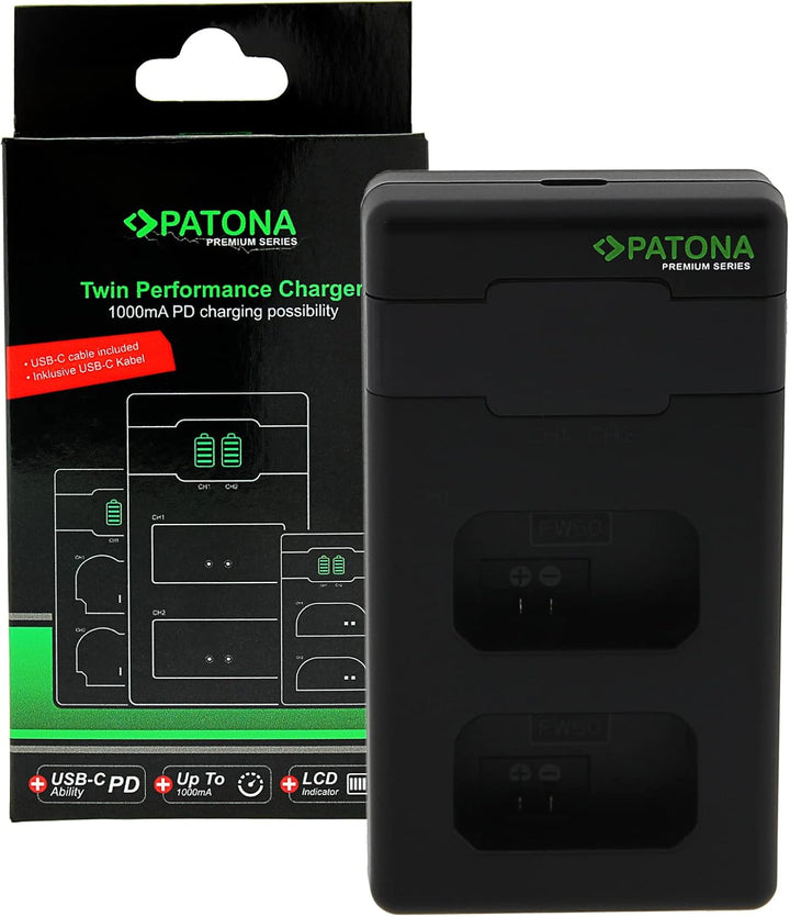 PATONA NP-FW50 - PD Performance Akku Ladegerät (1000mA) USB-C Mini Dual LCD - PD/QC fähig (161964),