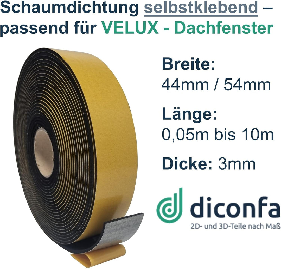 diconfa Dachfenster Dichtung schwarz kompatibel mit VELUX - WÄHLEN - Breite 44mm, 54mm - Länge 0,05m