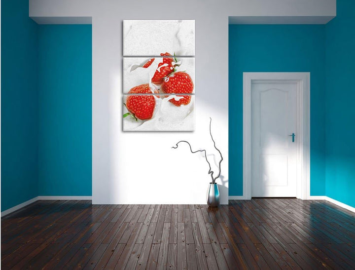 Pixxprint leckere Erdbeeren Schwimmen in Milch als Leinwandbild/Grösse: 3 Teilig (120x80) cm/Wandbil