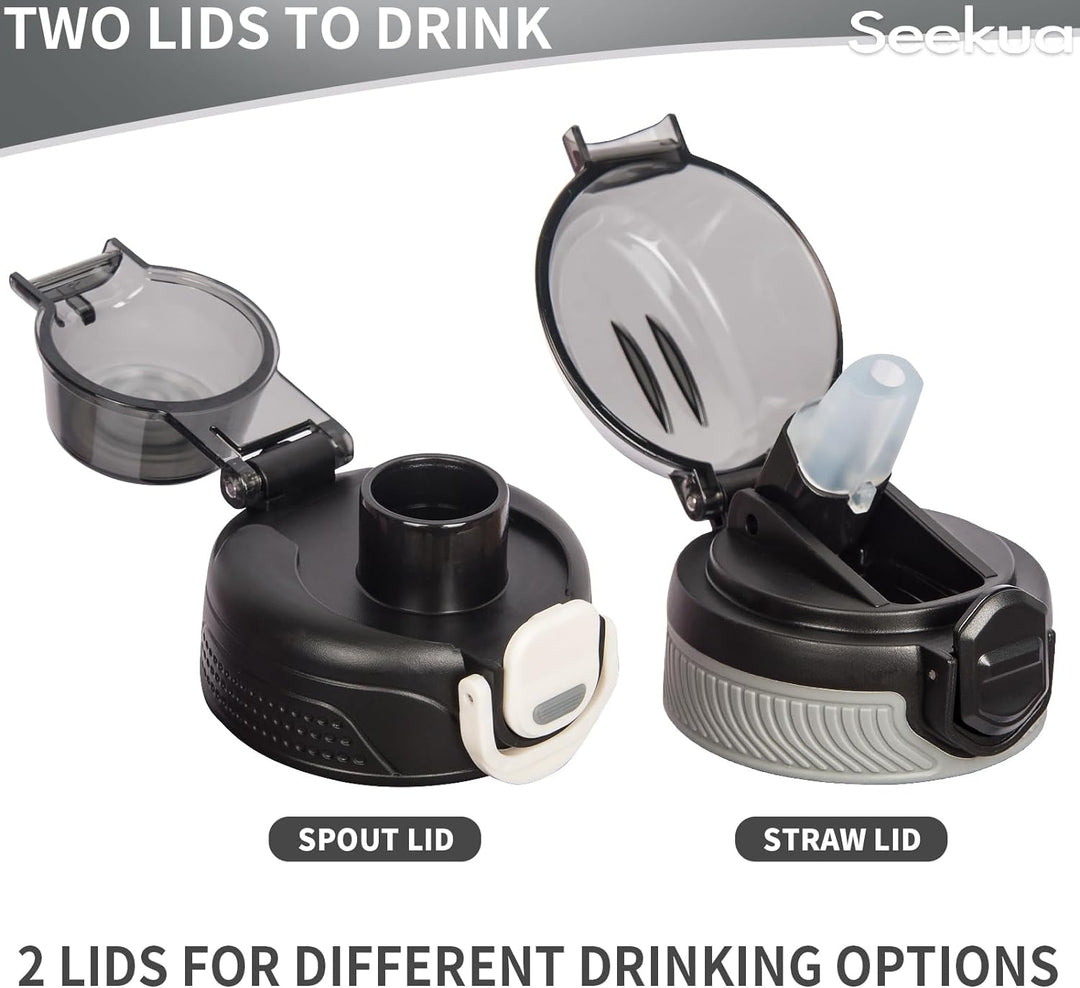 Seekua Sport Tritan Trinkflasche 1l mit Strohhalm & Zeitmarkierung, Grosse Wasserflasche mit Uhrzeit