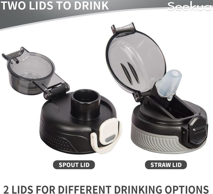 Seekua Sport Tritan Trinkflasche 1l mit Strohhalm & Zeitmarkierung, Grosse Wasserflasche mit Uhrzeit