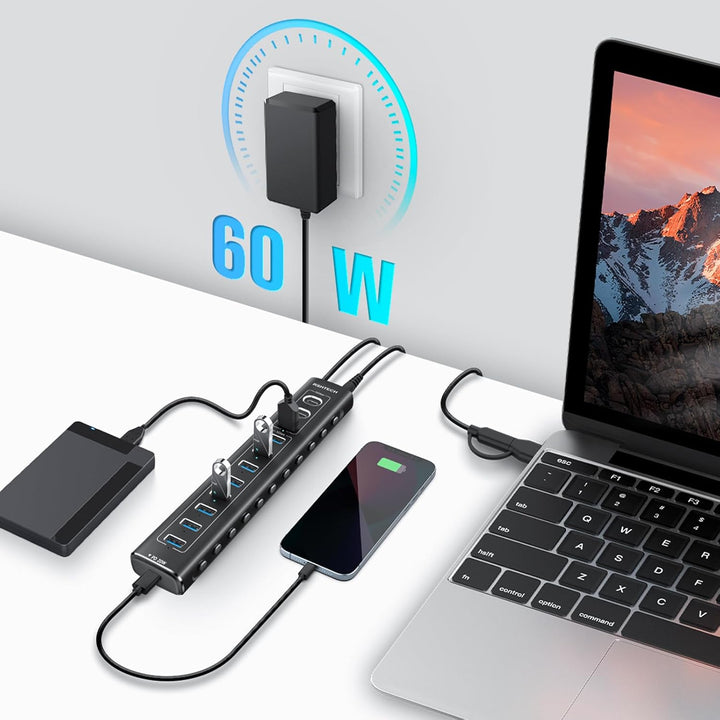 USB C 3.2 Hub Aktiv mit Netzteil (60W 12/5A), RSHTECH 11-Port USB C 3.1 Gen2 Hub mit 20W PD, 3 * 10G