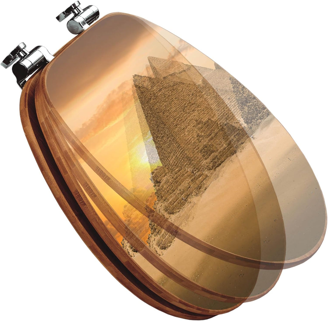 banjado® Design WC Sitz Bambus Absenkautomatik mit Motiv Pyramiden/Toilettendeckel mit Absenkautomat